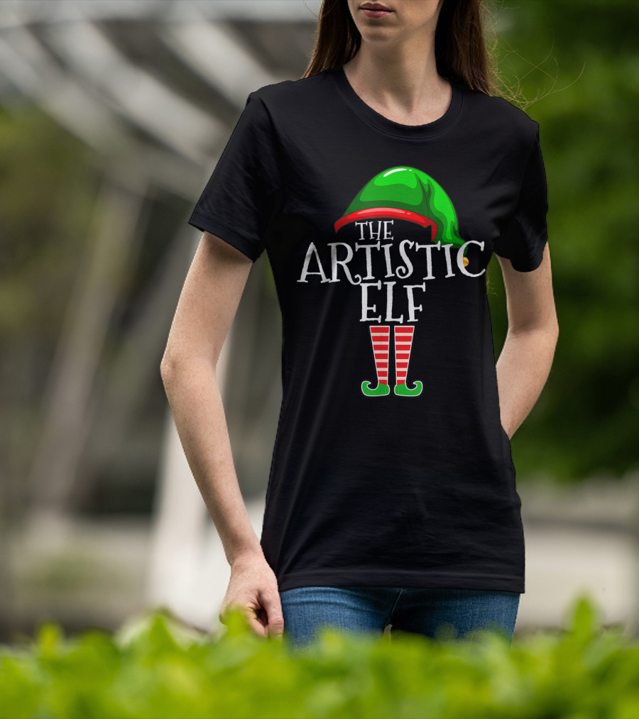 The Artistic Elf Green Hat Red Striped Socks T-Shirt