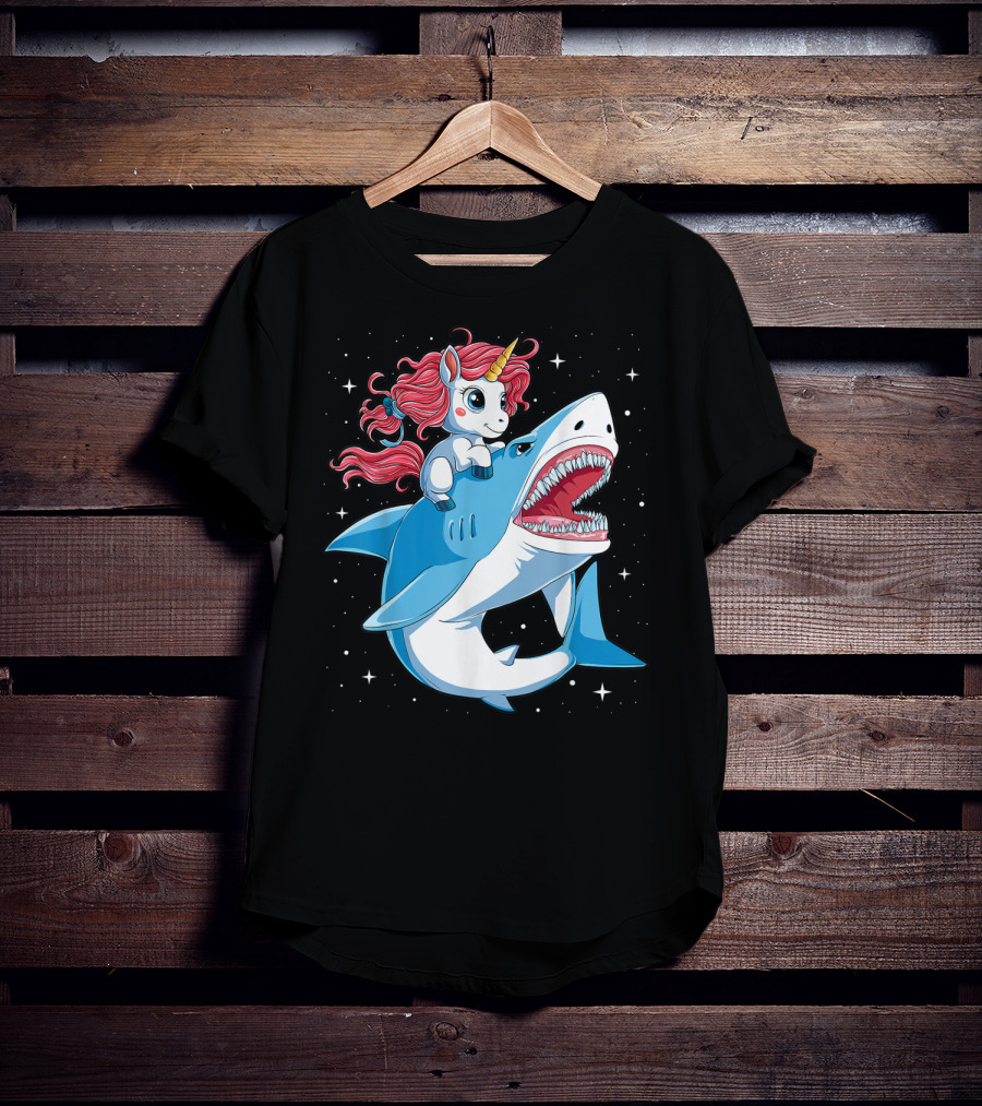 Unicorn Riding Shark In Space Galaxy Adventure T-Shirt