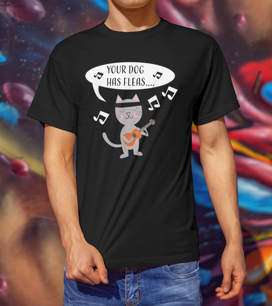 Ukulele Cat Playing Your Dog Has Fleas Tune With Music Notes T-Shirt