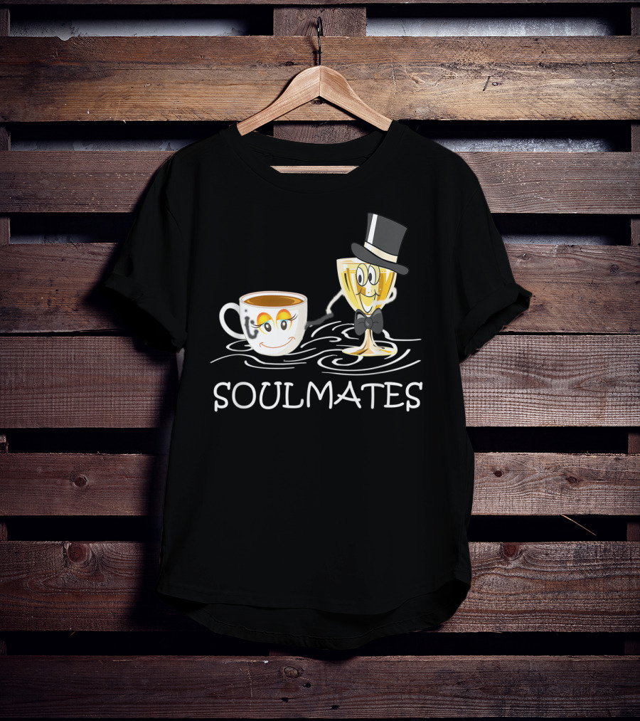 Funny Wine And Coffee Soulmates With Smiling Cup And Glass In Love T-Shirt