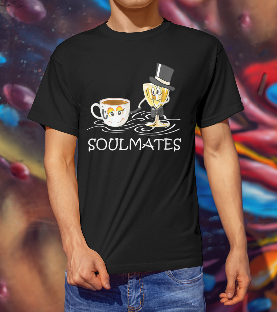 Funny Wine And Coffee Soulmates With Smiling Cup And Glass In Love T-Shirt