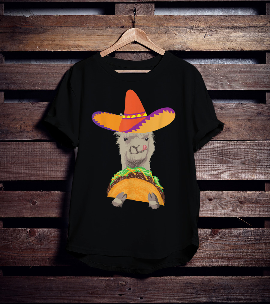 Llama Eating Taco With Sombrero Cool Mexican Alpaca T-Shirt