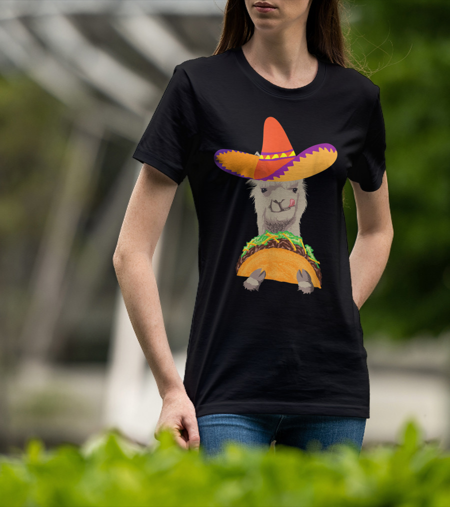 Llama Eating Taco With Sombrero Cool Mexican Alpaca T-Shirt