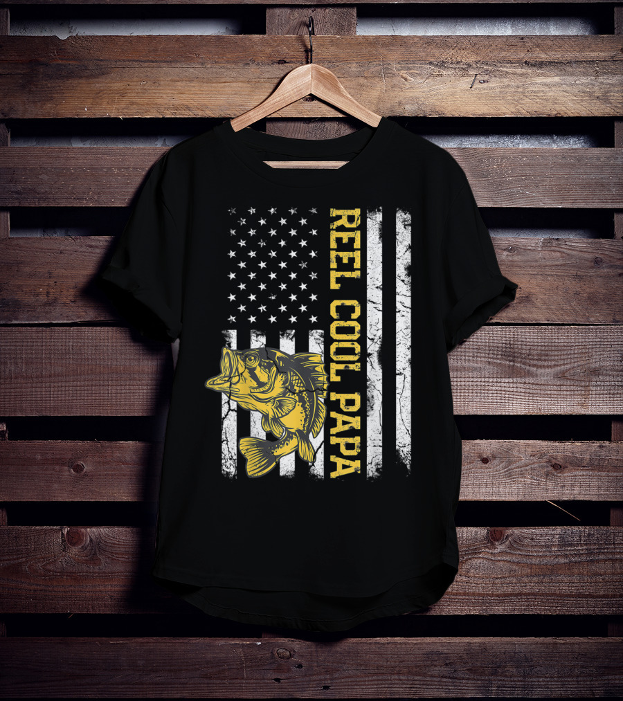 Father's Day Fishing Reel Cool Papa American Flag Bass T-Shirt