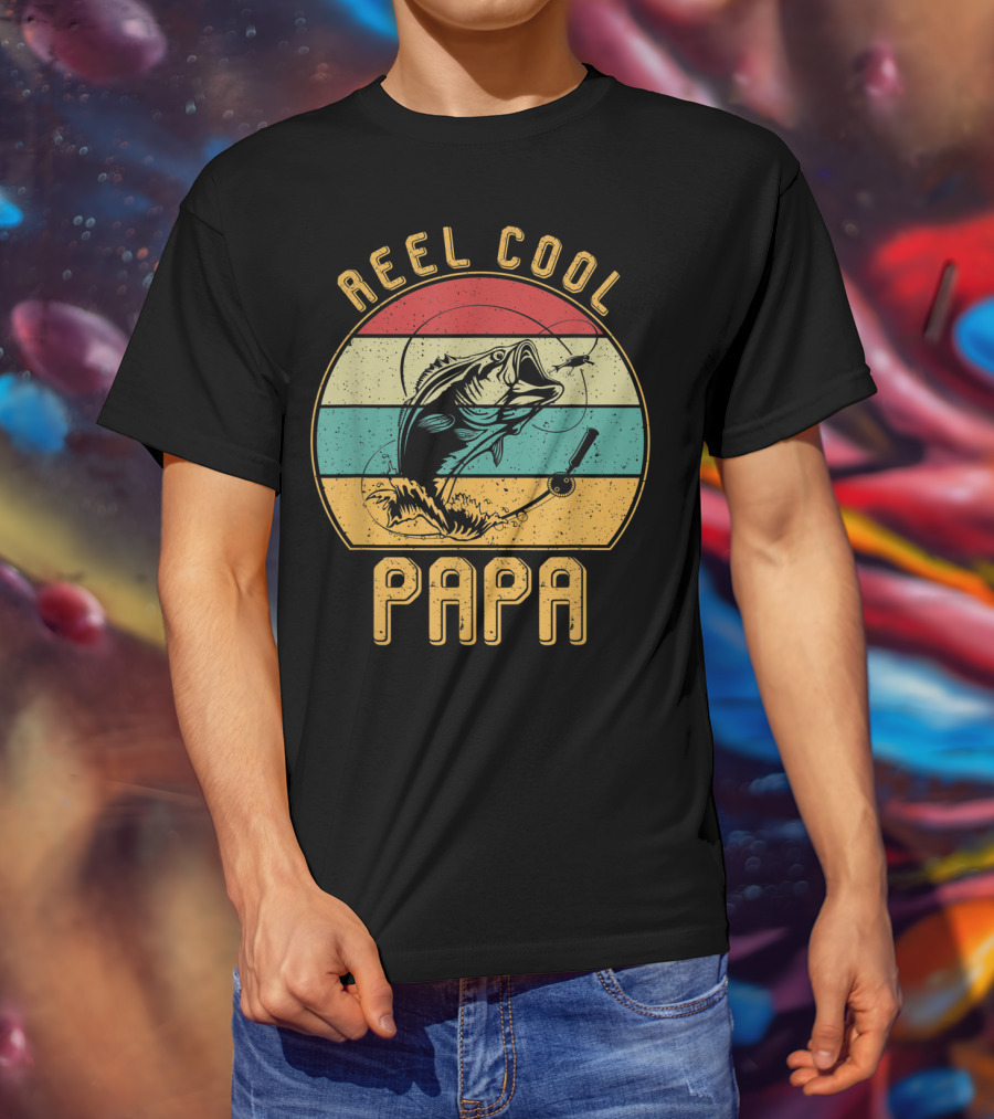 Reel Cool Papa Fishing Father's Day Retro Striped T-Shirt