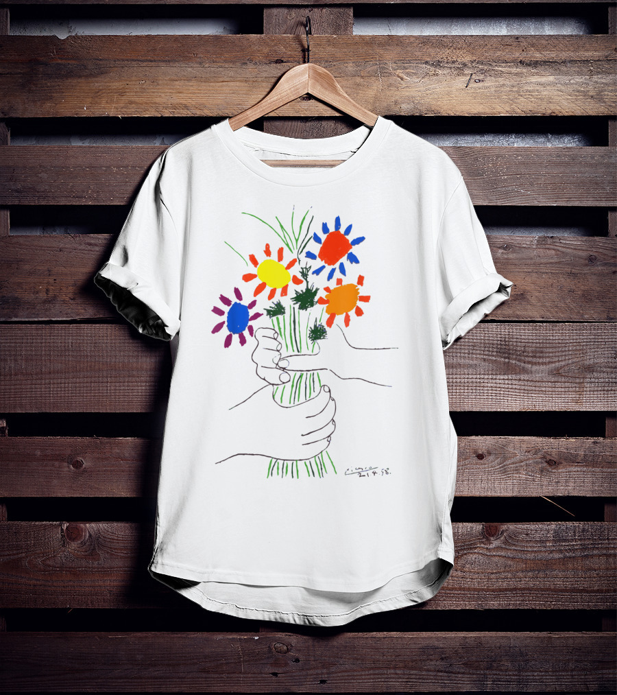 Pablo Picasso Colorful Bouquet With Hands Of Peace Signature 1958 T-Shirt