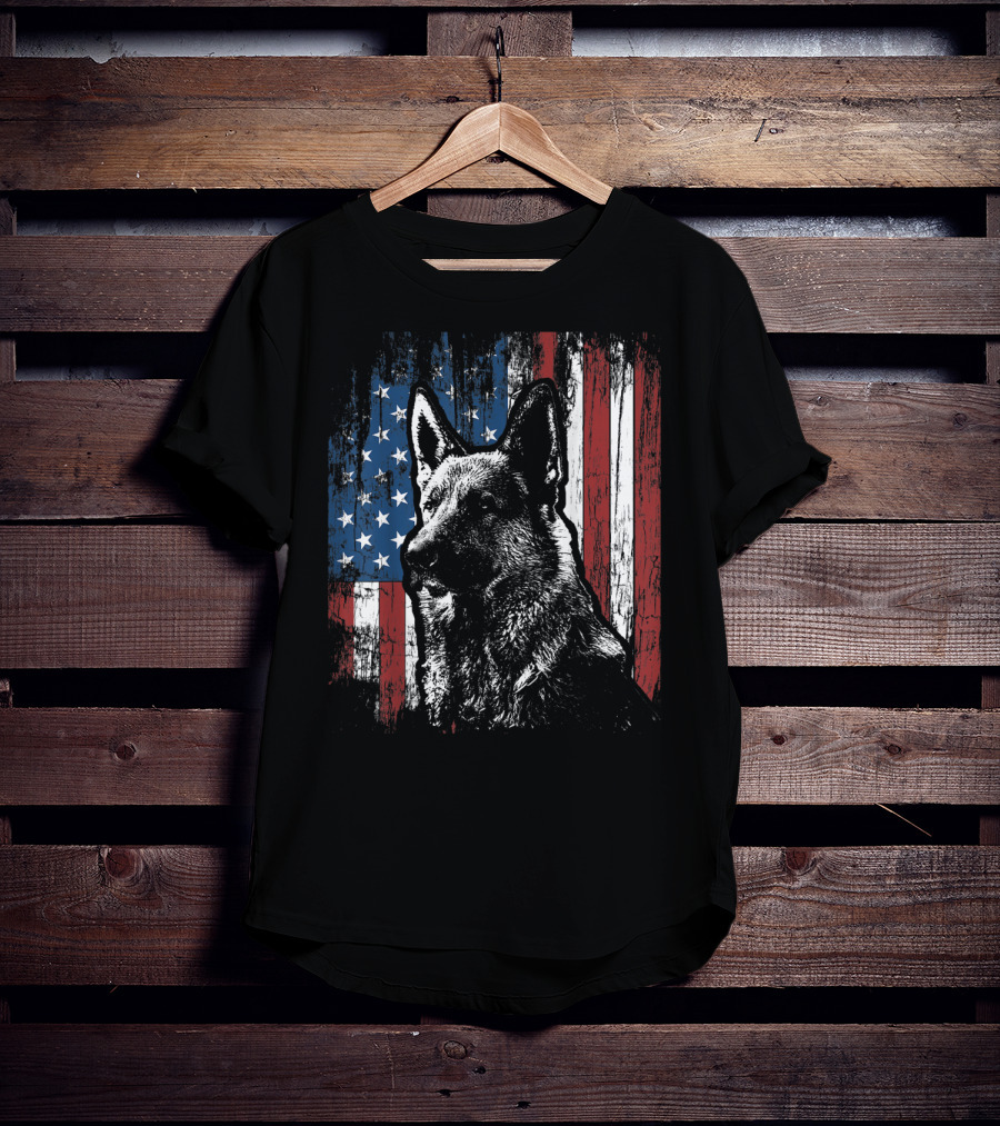 Patriotic German Shepherd With American Flag Background T-Shirt