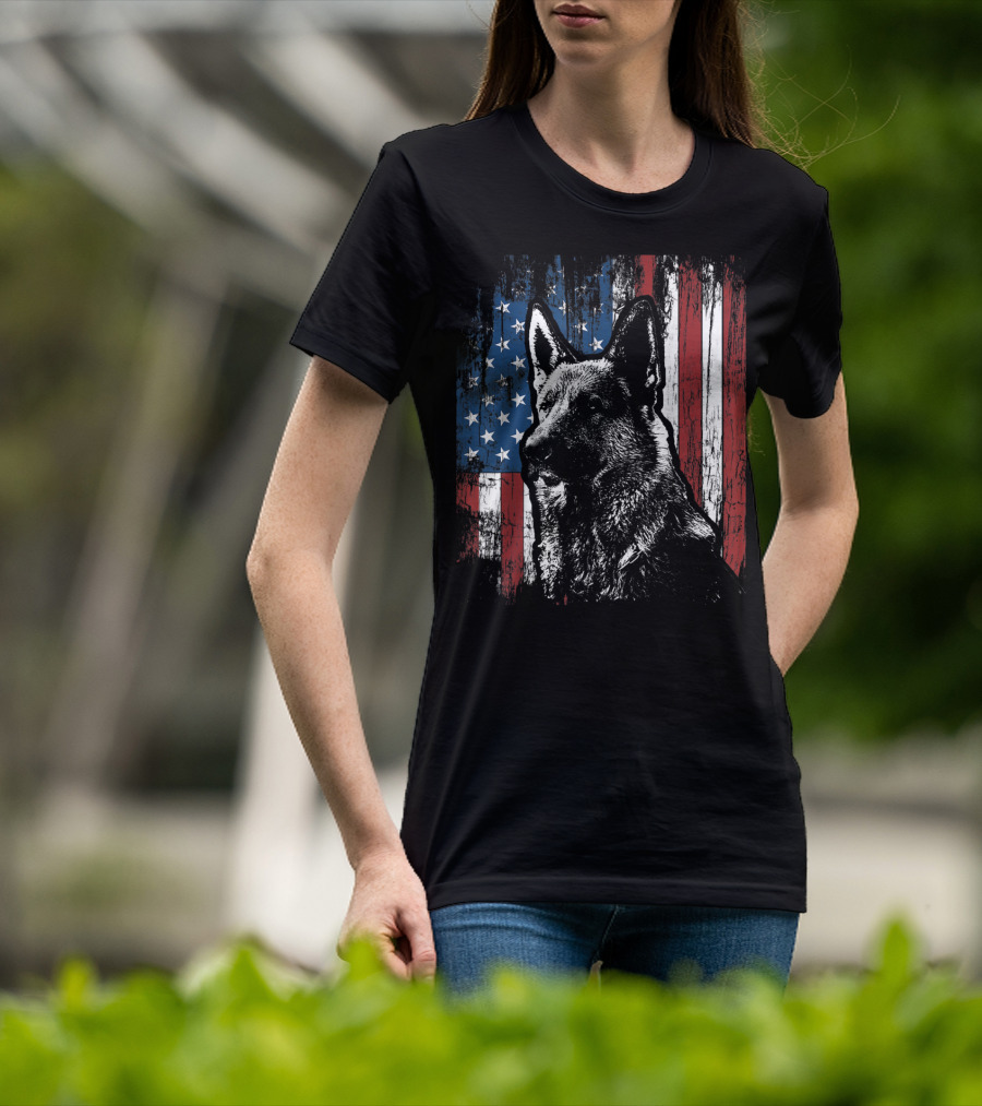 Patriotic German Shepherd With American Flag Background T-Shirt