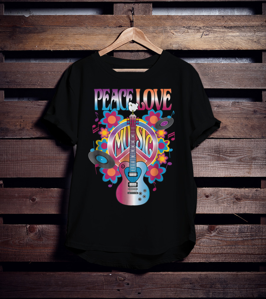 PEACE LOVE MUSIC Guitar Dove Vinyl Records Flower Symbols T-Shirt