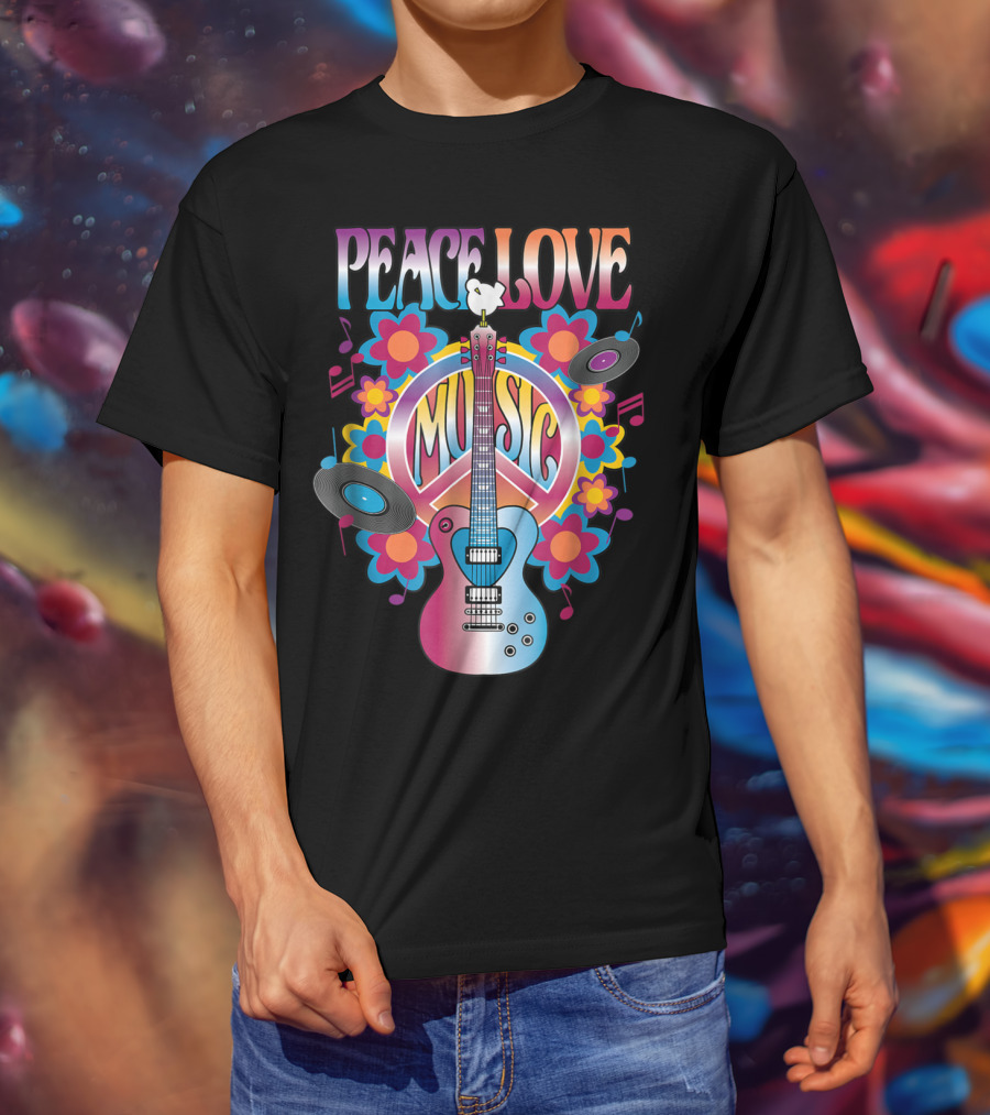 PEACE LOVE MUSIC Guitar Dove Vinyl Records Flower Symbols T-Shirt