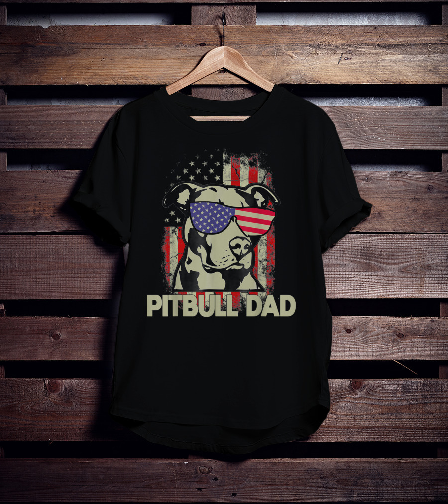 Pitbull Dad USA Flag Sunglasses American Fourth Of July T-Shirt