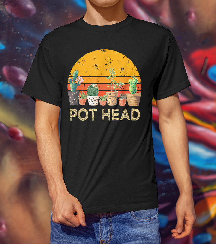 Pot Head Stone Flowers Cactus Vintage Sunset T-Shirt