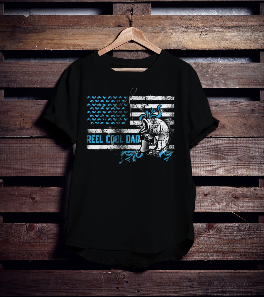 Reel Cool Dad Father's Day Fishing Funny Fisherman With American Flag And Cartoon Fish T-Shirt