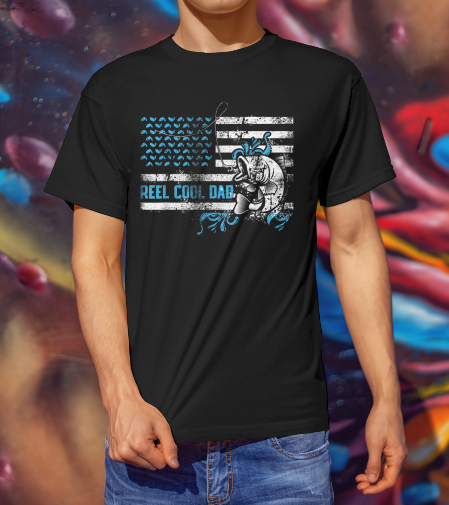 Reel Cool Dad Father's Day Fishing Funny Fisherman With American Flag And Cartoon Fish T-Shirt