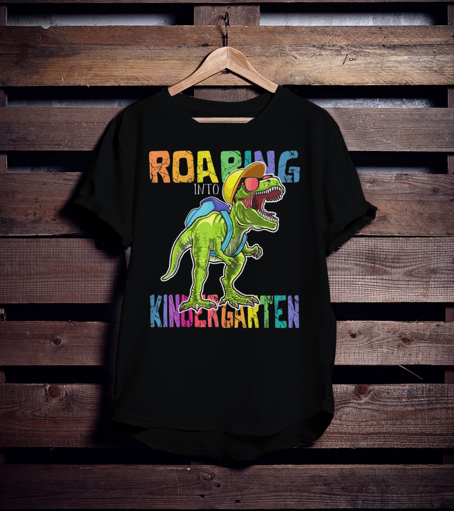 Roaring Into Kindergarten Dinosaur Rex With Backpack And Sunglasses T-Shirt