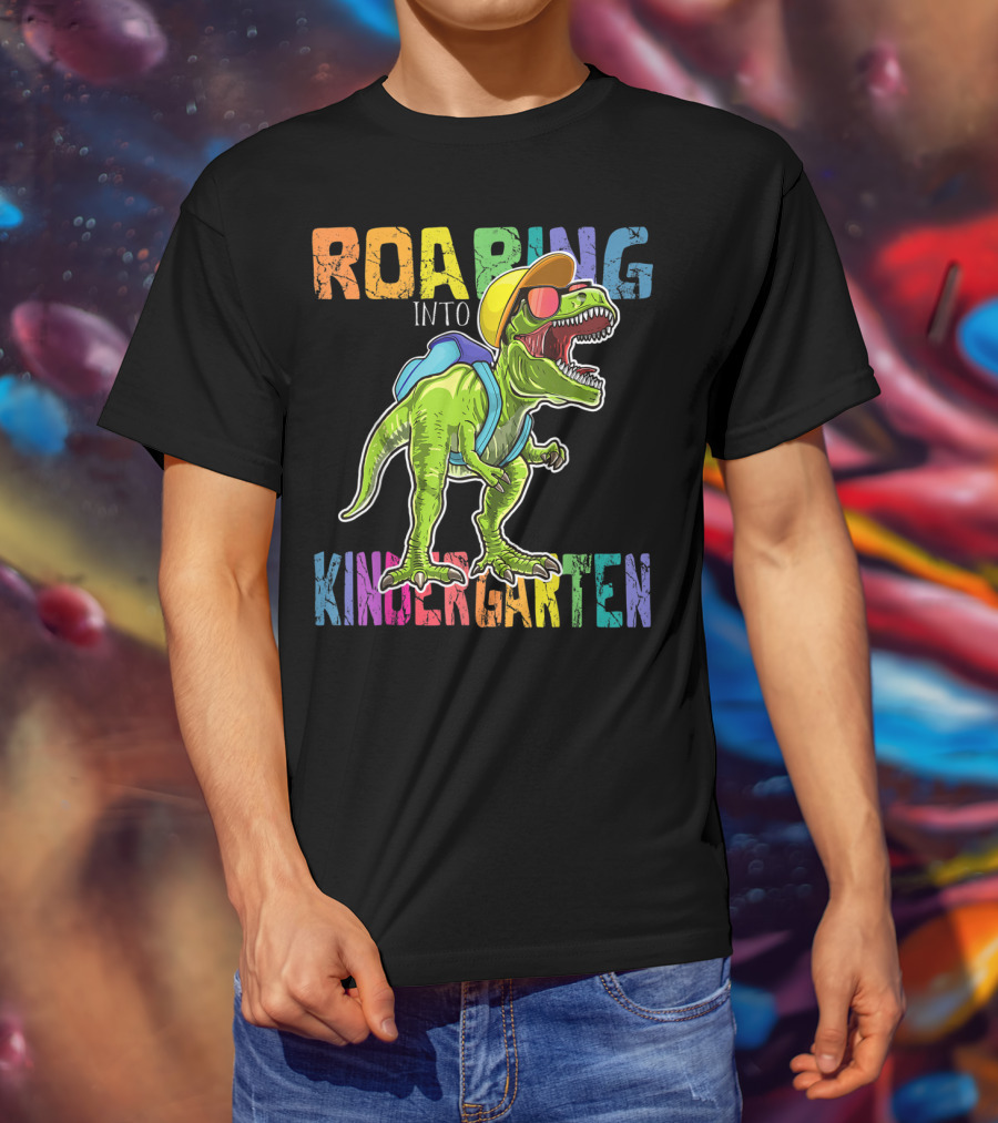 Roaring Into Kindergarten Dinosaur Rex With Backpack And Sunglasses T-Shirt