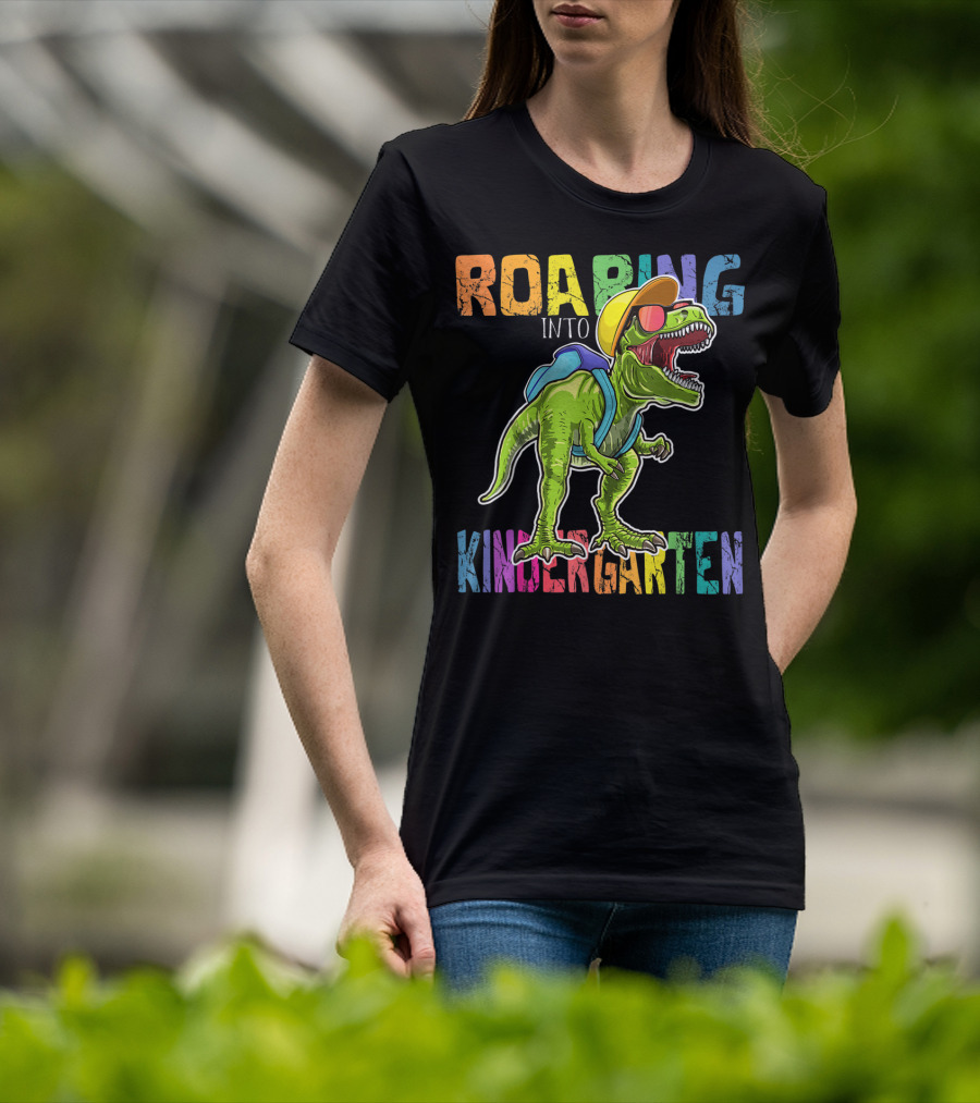 Roaring Into Kindergarten Dinosaur Rex With Backpack And Sunglasses T-Shirt