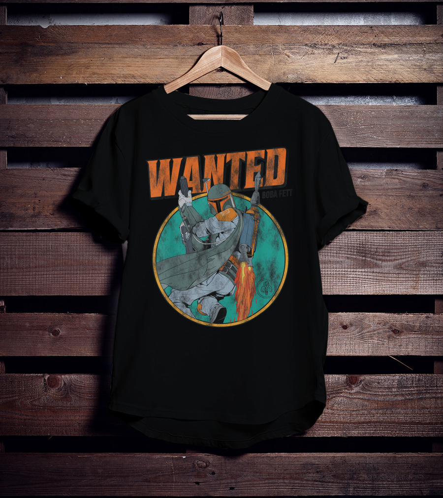 Wanted Boba Fett Star Wars Distressed Mandalorian Jetpack T-Shirt