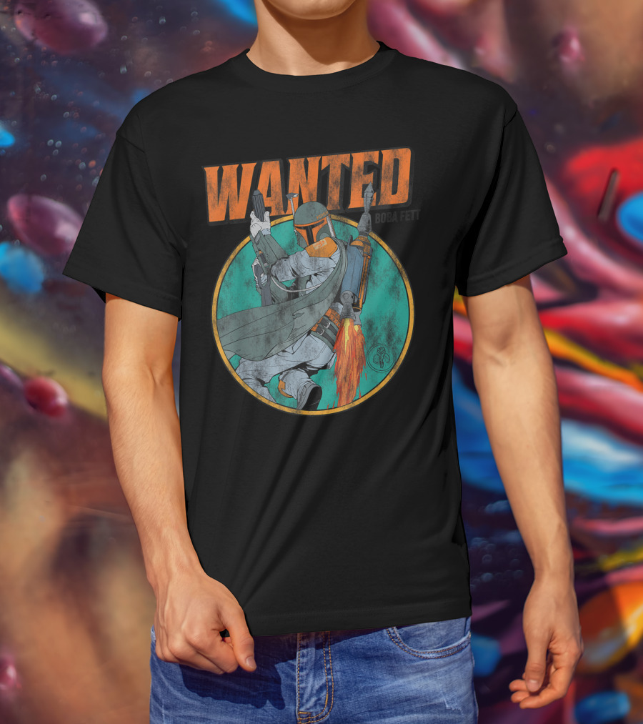 Wanted Boba Fett Star Wars Distressed Mandalorian Jetpack T-Shirt