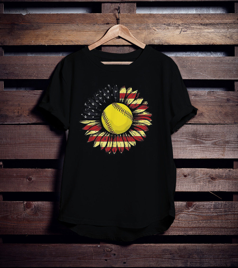 Sunflower Softball American Flag Baseball Stitching Sunflower Petals USA Colors T-Shirt