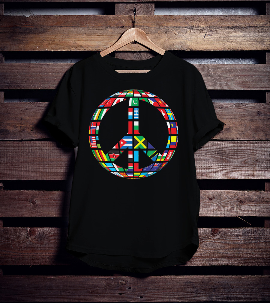 Global Peace Symbol With International Flags Multicultural Unity T-Shirt