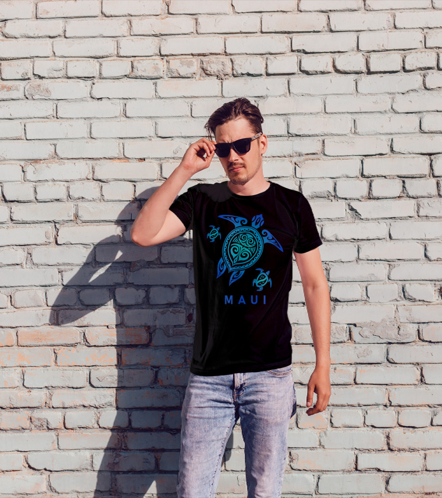 Maui Hawaii Blue Tribal Turtle T-Shirt