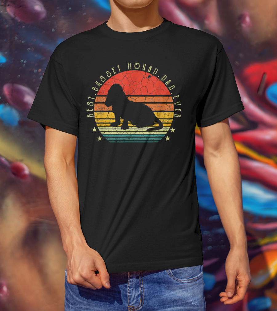 Best Basset Hound Dad Ever Dog Lover Mens Retro Sunset T-Shirt