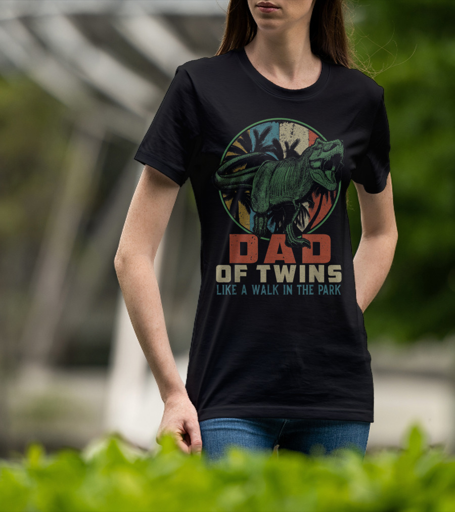 Dad Of Twins Like A Walk In The Park Dinosaur T-Shirt