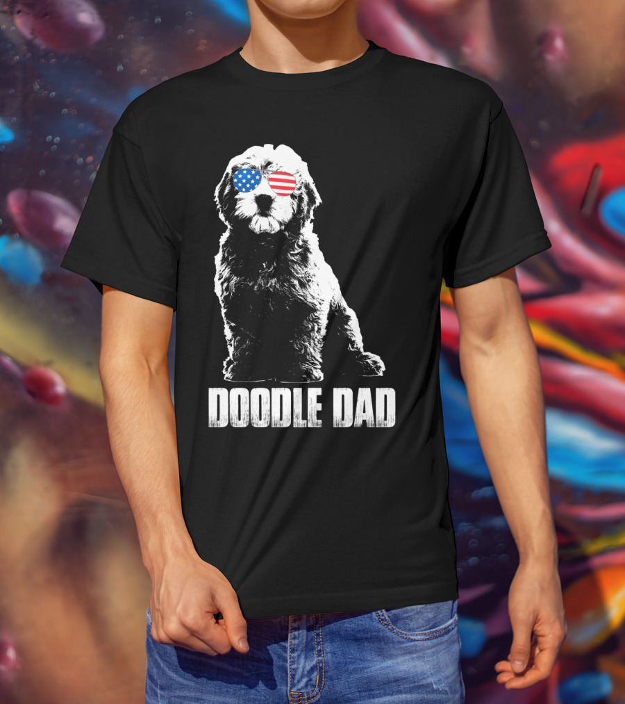 Doodle Dad Goldendoodle Vintage Patriotic American Flag Sunglasses T-Shirt