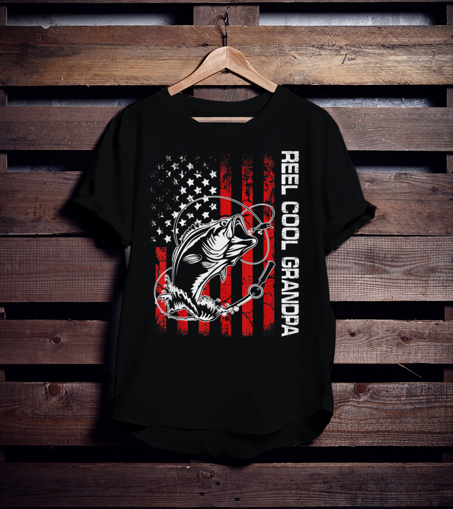 Reel Cool Grandpa American Flag Fishing Bass T-Shirt