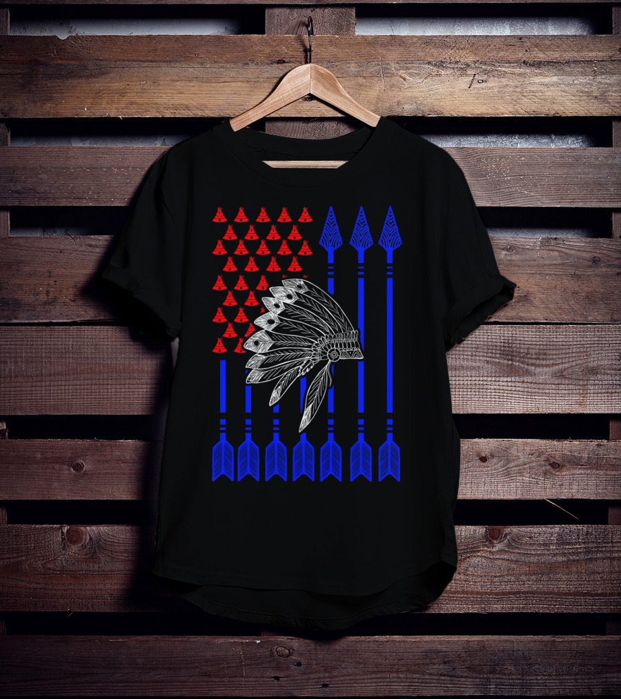 Native American Day Headdress Red Teepees Blue Arrows Flag T-Shirt