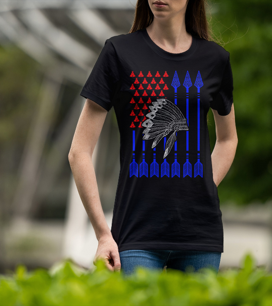 Native American Day Headdress Red Teepees Blue Arrows Flag T-Shirt