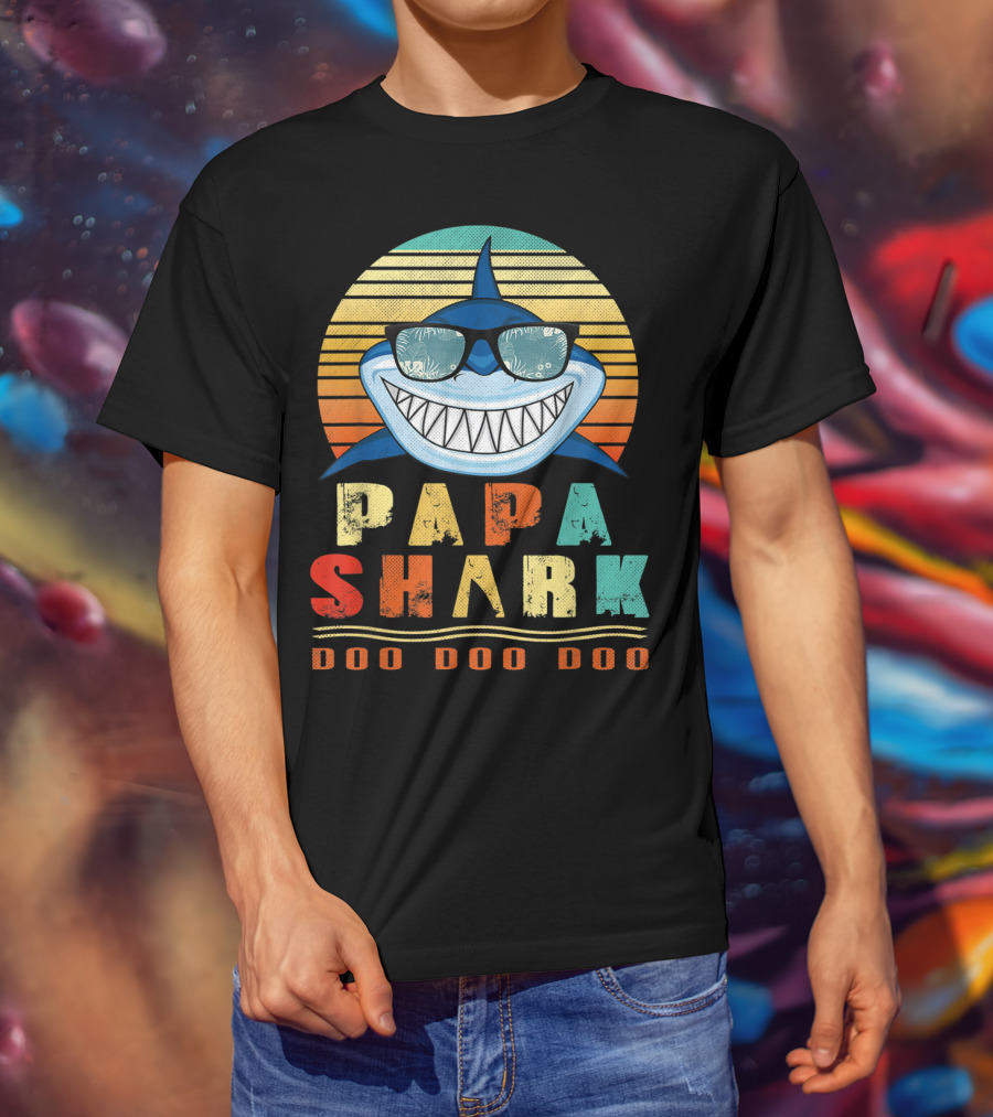 Papa Shark Doo Doo Doo Cool Sunglasses Retro Sunset Vibe T-Shirt
