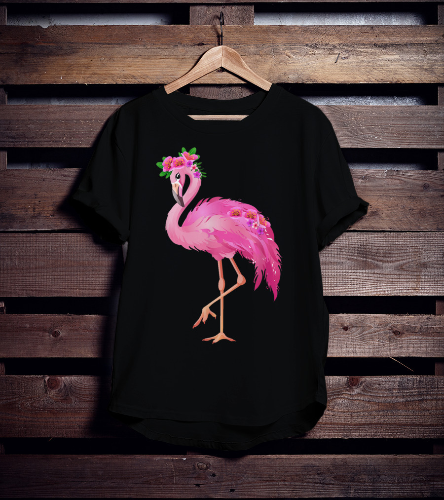 Pink Flamingo With Watercolor Hawaiian Flower Crown And Feathers T-Shirt