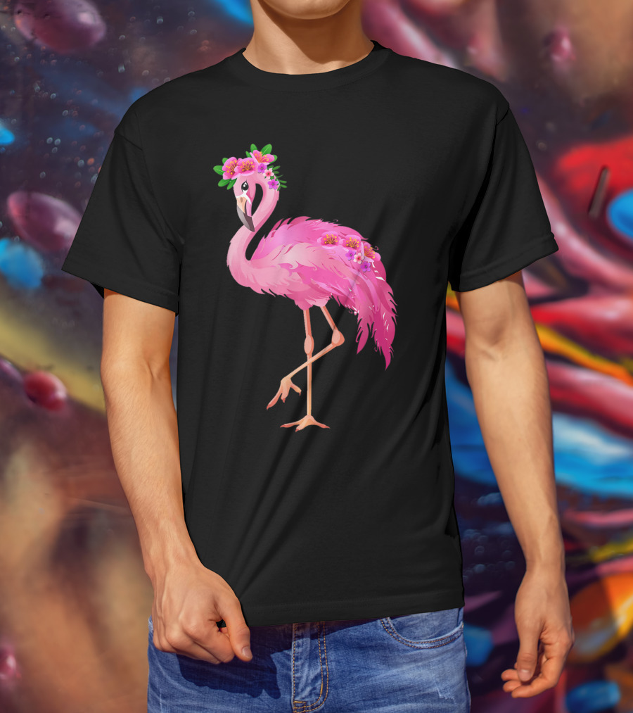 Pink Flamingo With Watercolor Hawaiian Flower Crown And Feathers T-Shirt