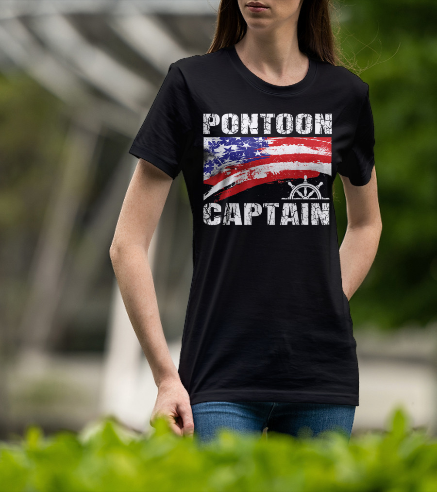 Pontoon Captain American Flag Steering Wheel Dad Boating T-Shirt