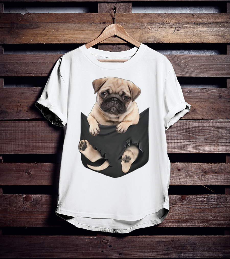 Pug Peeking Out Of Pocket With Paws Poking Through T-Shirt