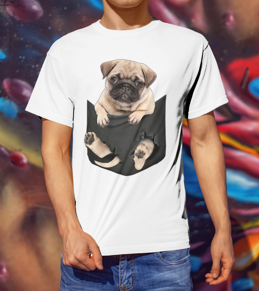 Pug Peeking Out Of Pocket With Paws Poking Through T-Shirt