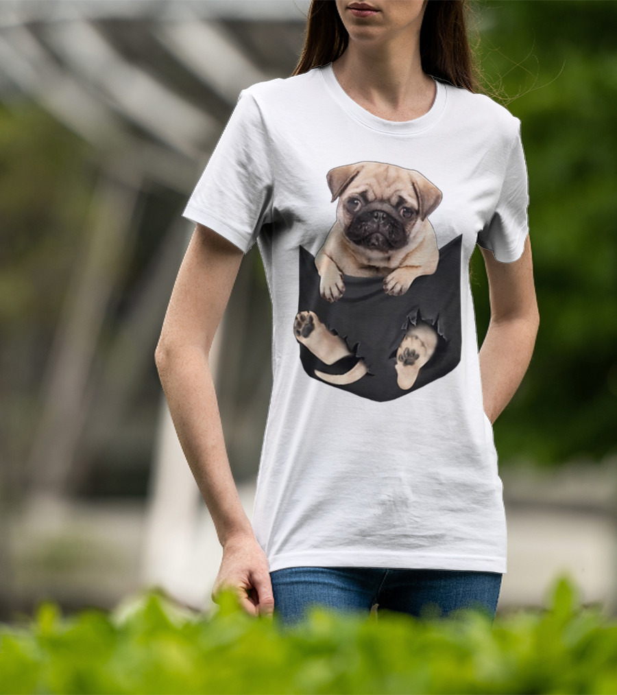 Pug Peeking Out Of Pocket With Paws Poking Through T-Shirt