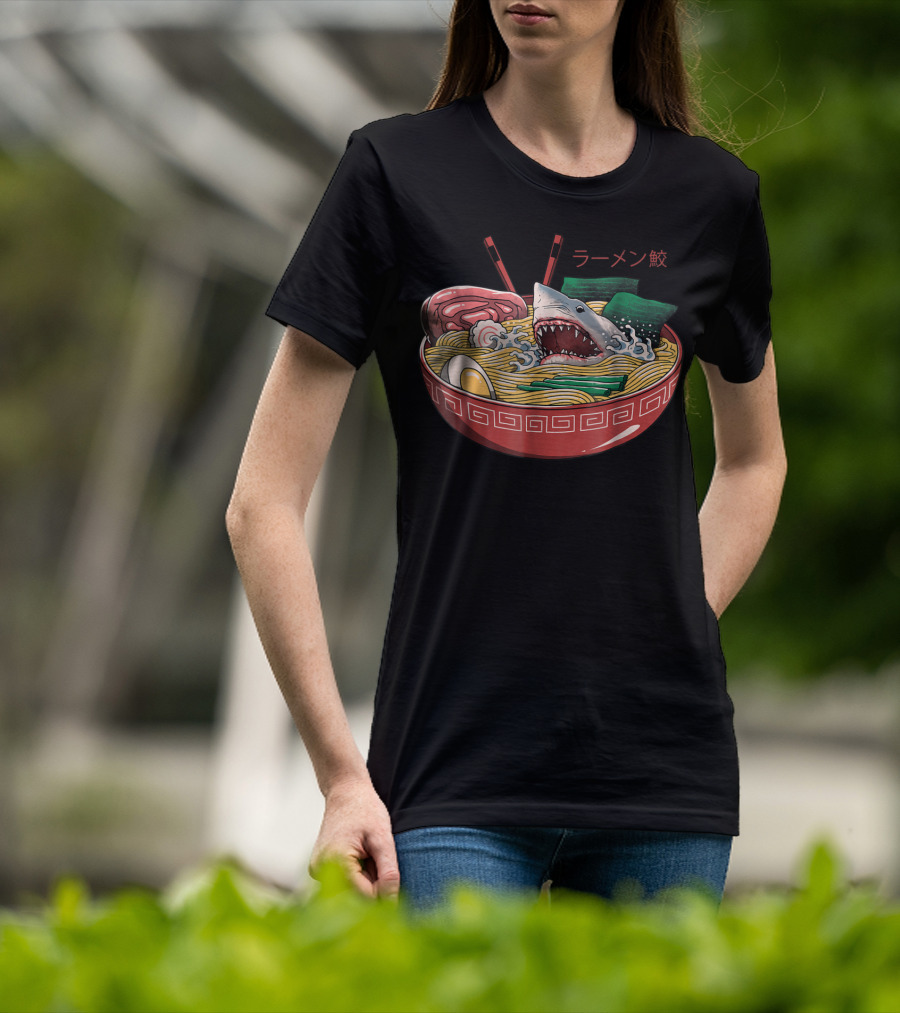 Ramen Shark Noodle Bowl Kaiju Monster Comic T-Shirt