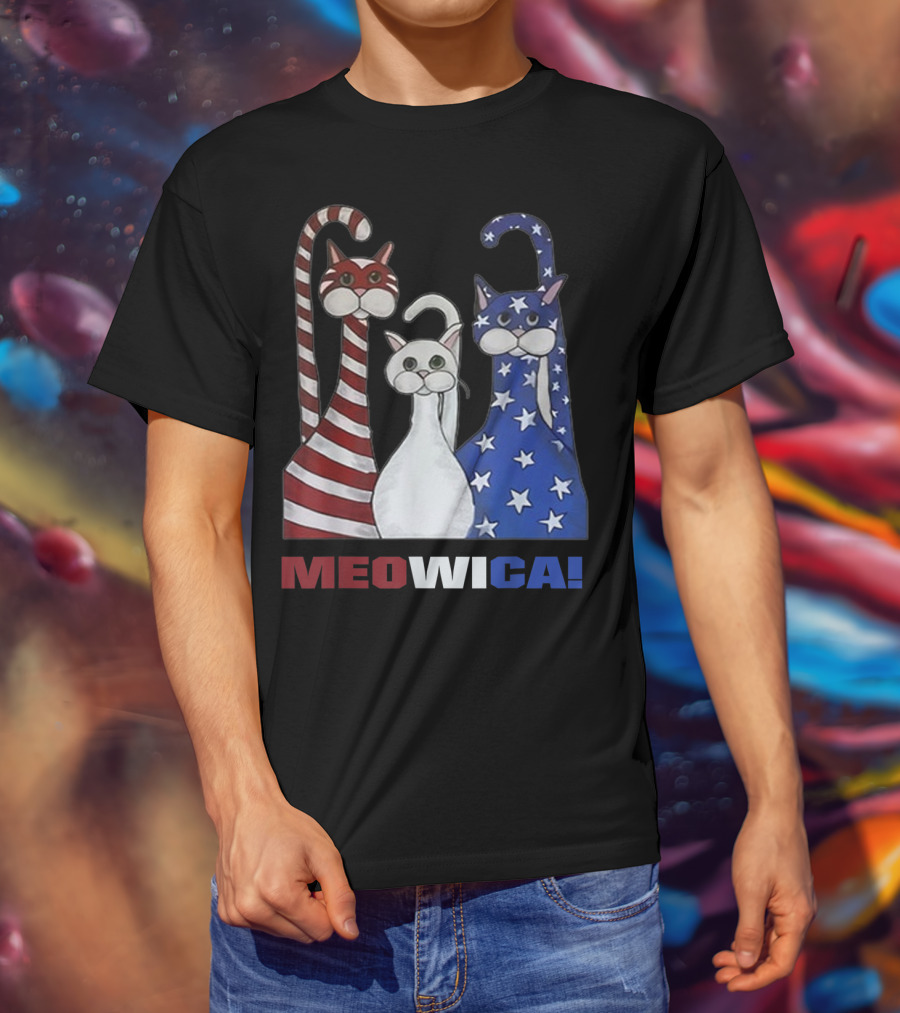 MEOWICA Red White Blue Cat American Flag Patriotic T-Shirt