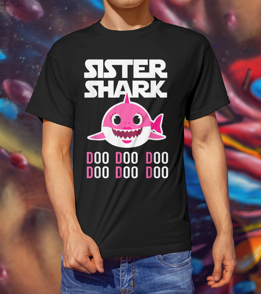 Sister Shark Doo Doo Doo Pink Cartoon T-Shirt