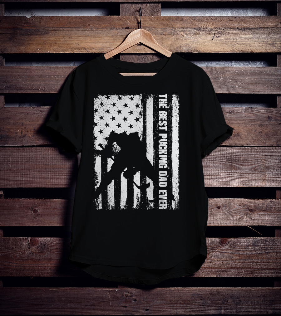 The Best Pucking Dad Ever Flag Hockey Silhouette Stars Stripes T-Shirt