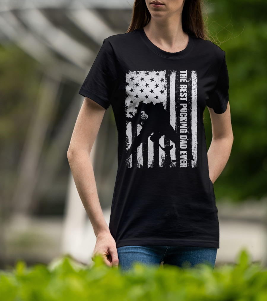 The Best Pucking Dad Ever Flag Hockey Silhouette Stars Stripes T-Shirt