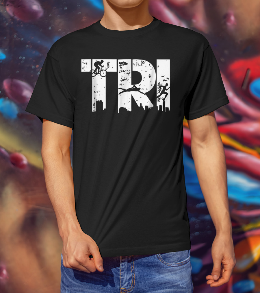 Triathlon Endurance Sports Triathlete Cycling Swimming Running Skyline T-Shirt