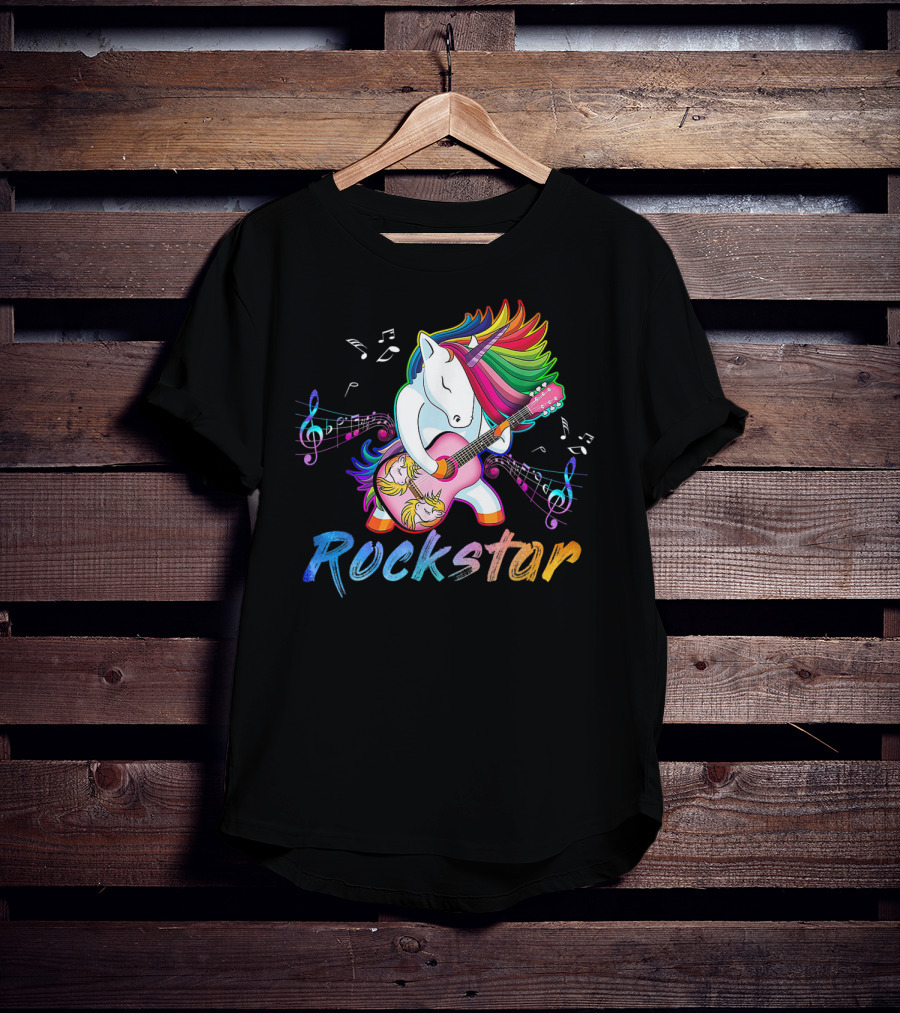 Unicorn Rockstar Rainbow Guitar Music Notes T-Shirt