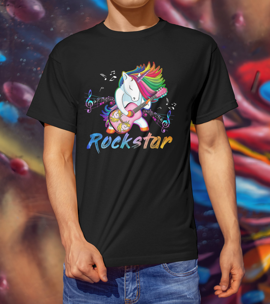 Unicorn Rockstar Rainbow Guitar Music Notes T-Shirt