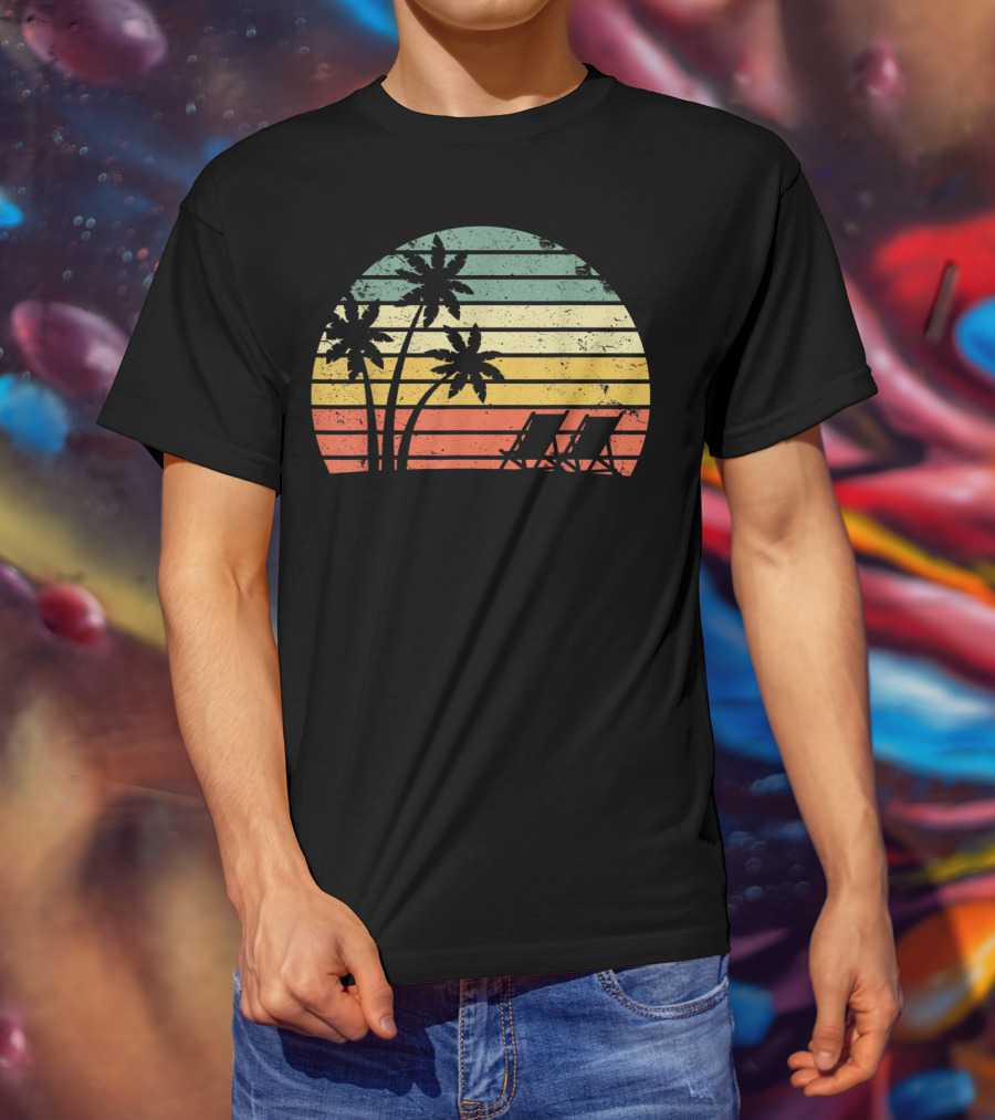 Retro Sunset Palm Trees With Beach Chair T-Shirt