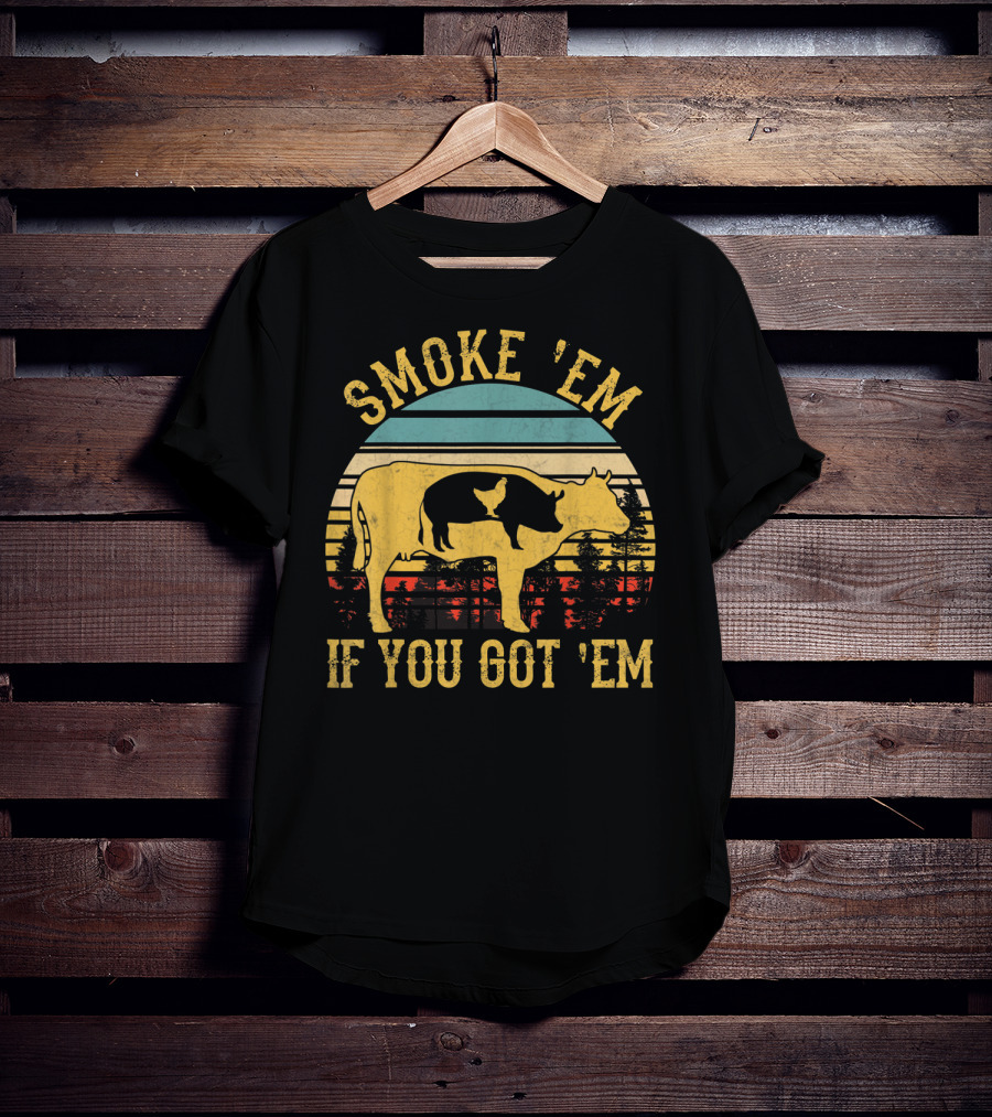 Smoke 'Em If You Got 'Em Vintage BBQ Grilling Cow Silhouette Retro Sunset T-Shirt