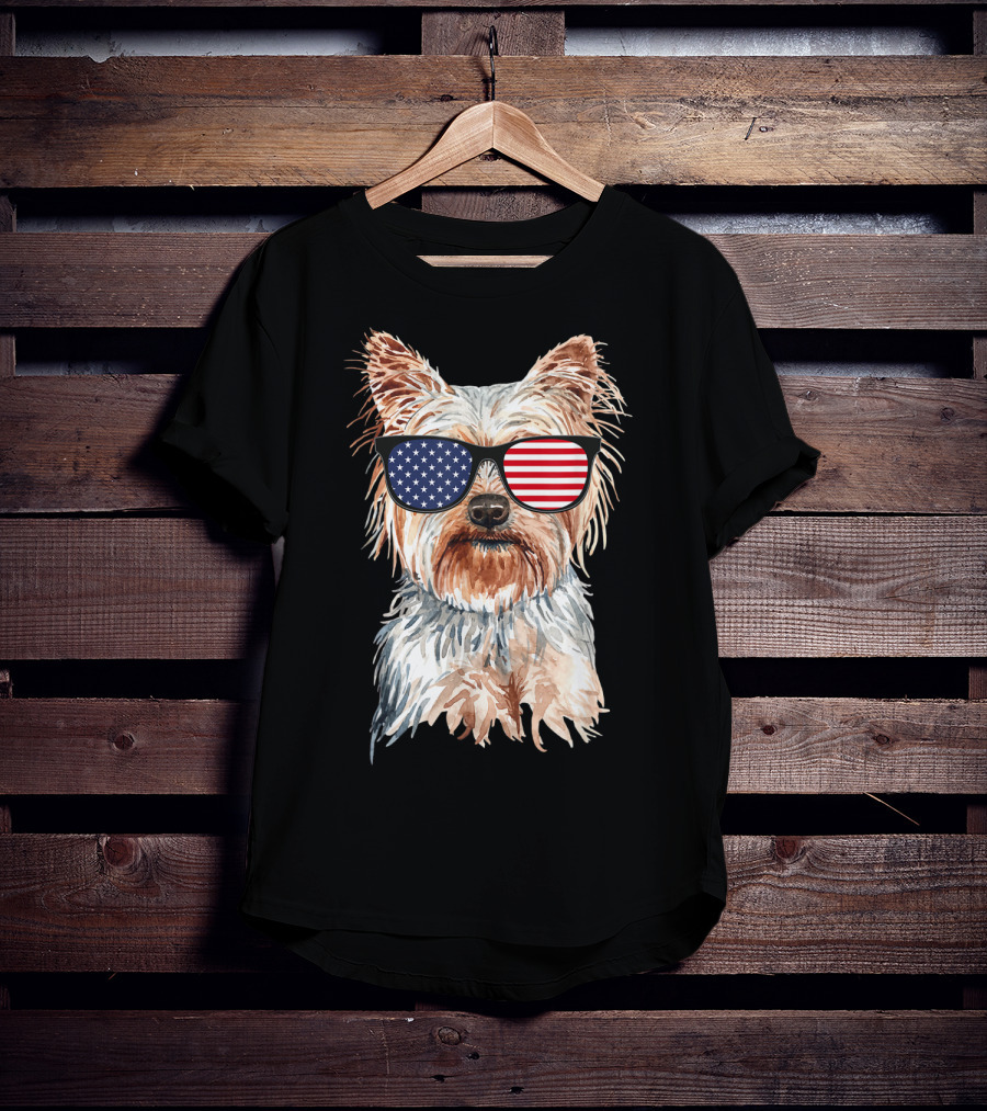 Yorkie Dog With American Flag Sunglasses Patriotic T-Shirt